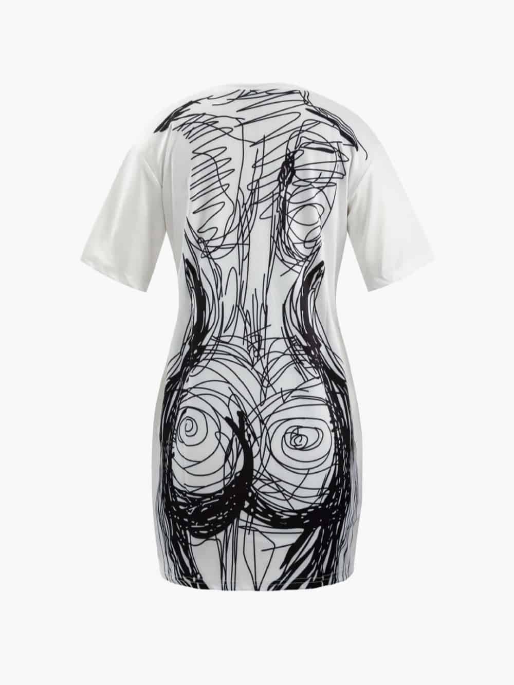 Abstract Line Print Short Sleeve Mini Dress - Image 4