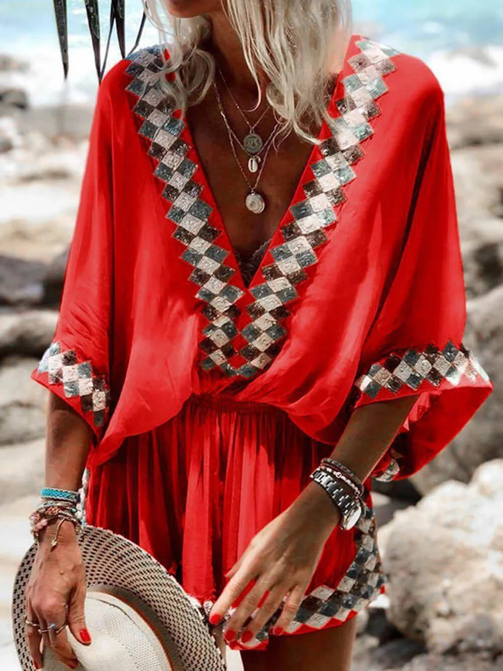 Bohemian Beach Print Kimono Romper - Image 3