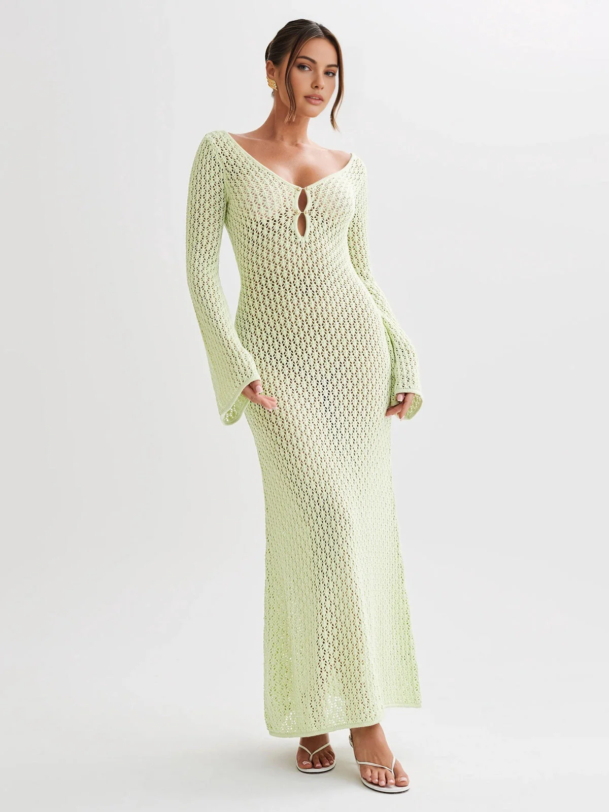 Cover Up Long Sleeve Open Back Long Dress - Image 10
