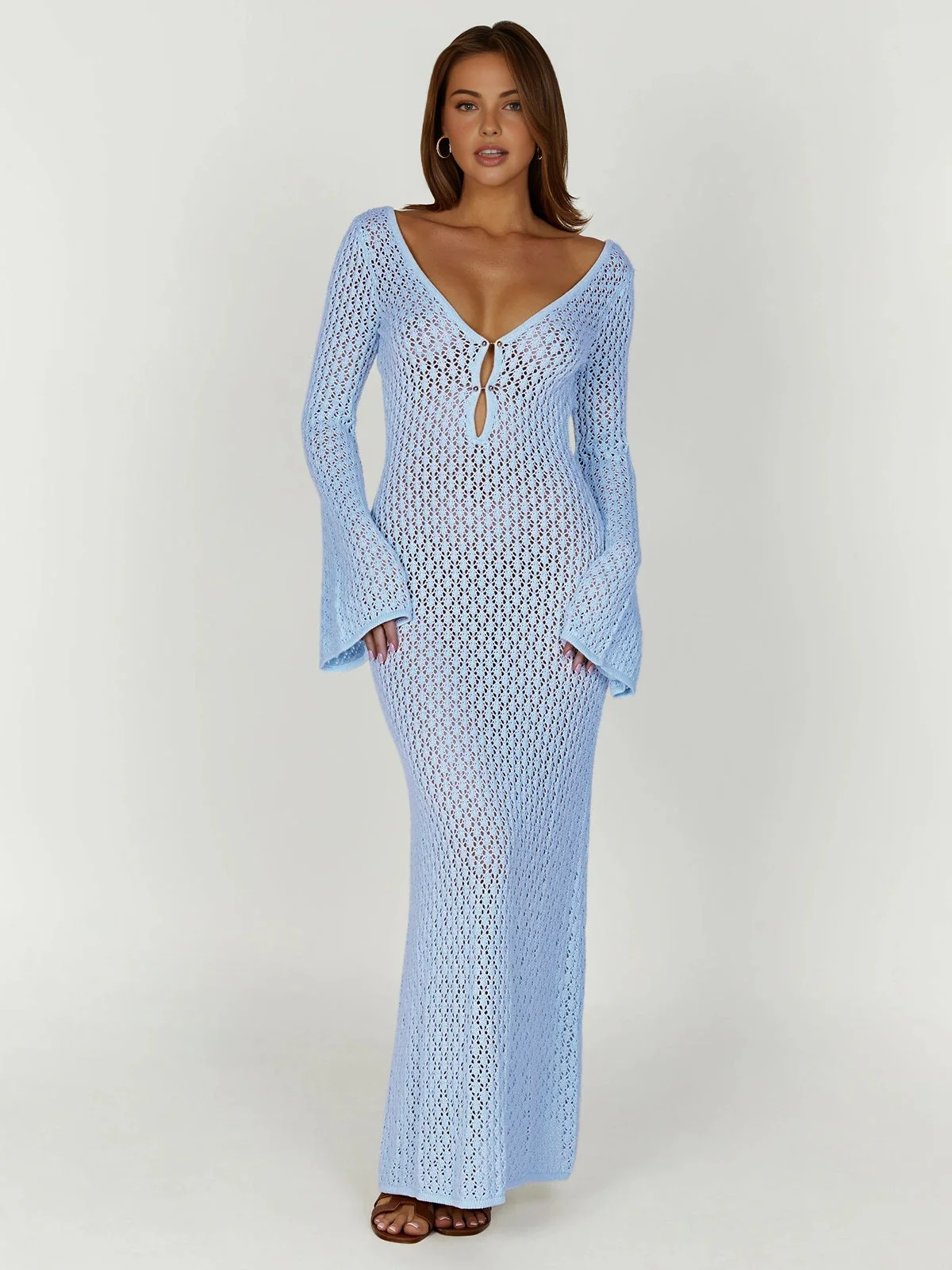Cover Up Long Sleeve Open Back Long Dress - Image 11