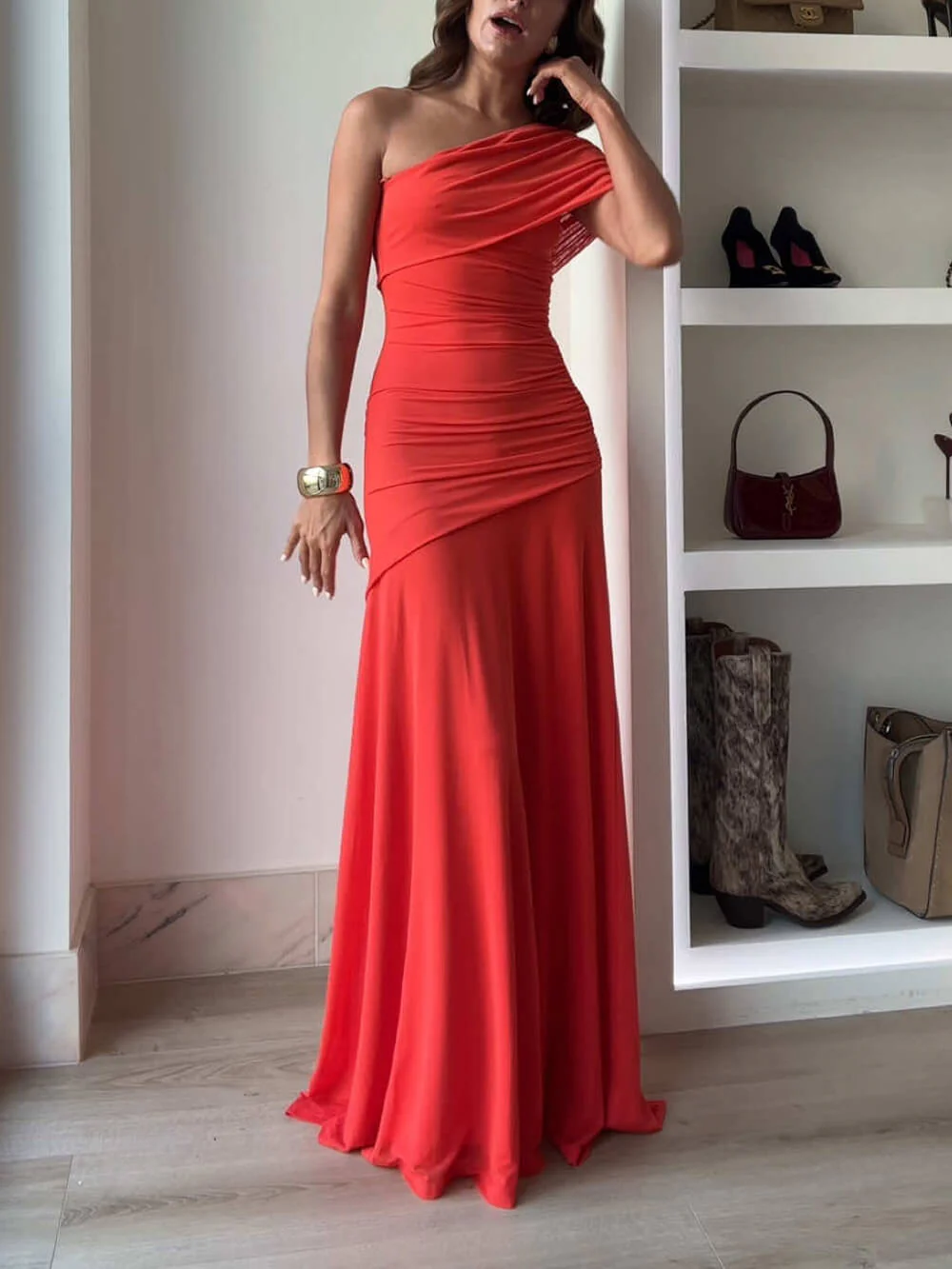Elegance Effortless Mesh Off Shoulder Ruched Stretch Maxi Dress