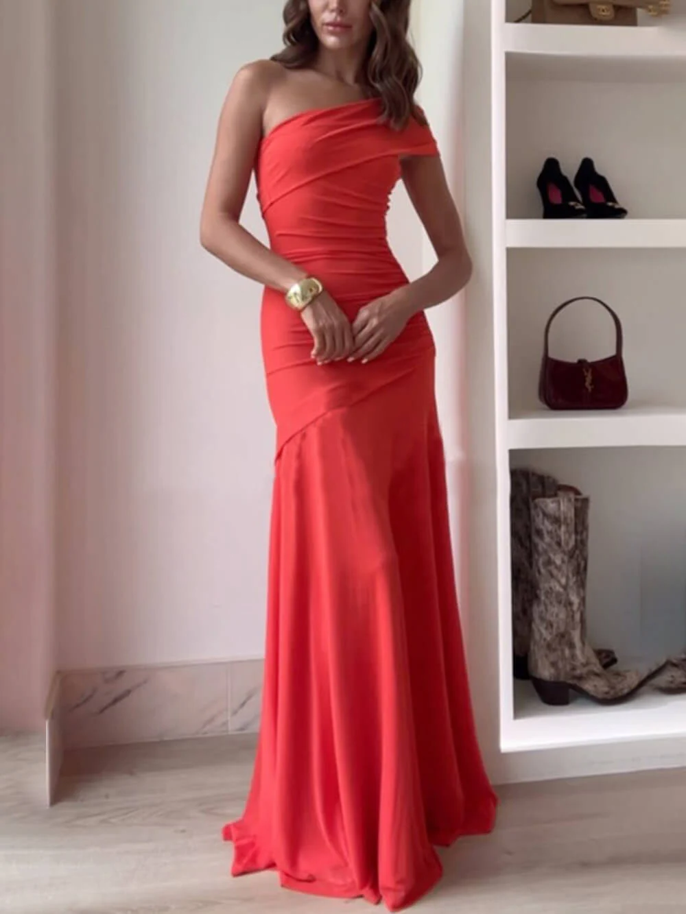 Elegance Effortless Mesh Off Shoulder Ruched Stretch Maxi Dress - Image 2