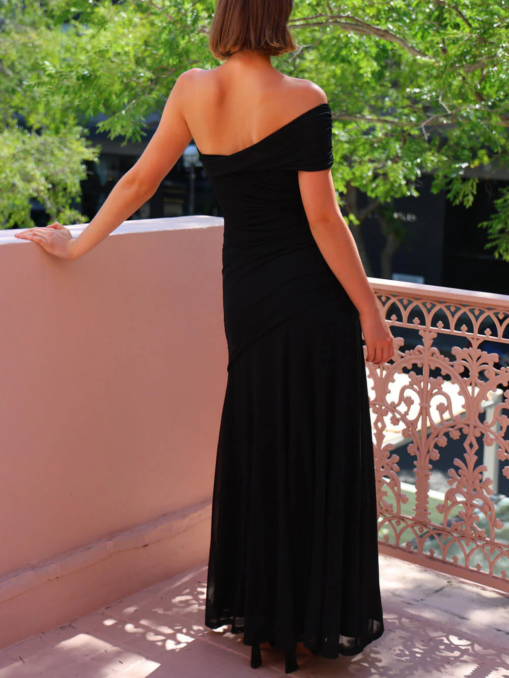 Elegance Effortless Mesh Off Shoulder Ruched Stretch Maxi Dress - Image 8