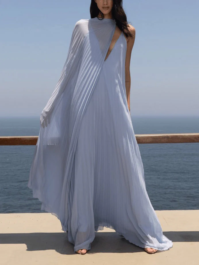 Elegant V-neck Pleated Flowy Maxi Dress - Image 4