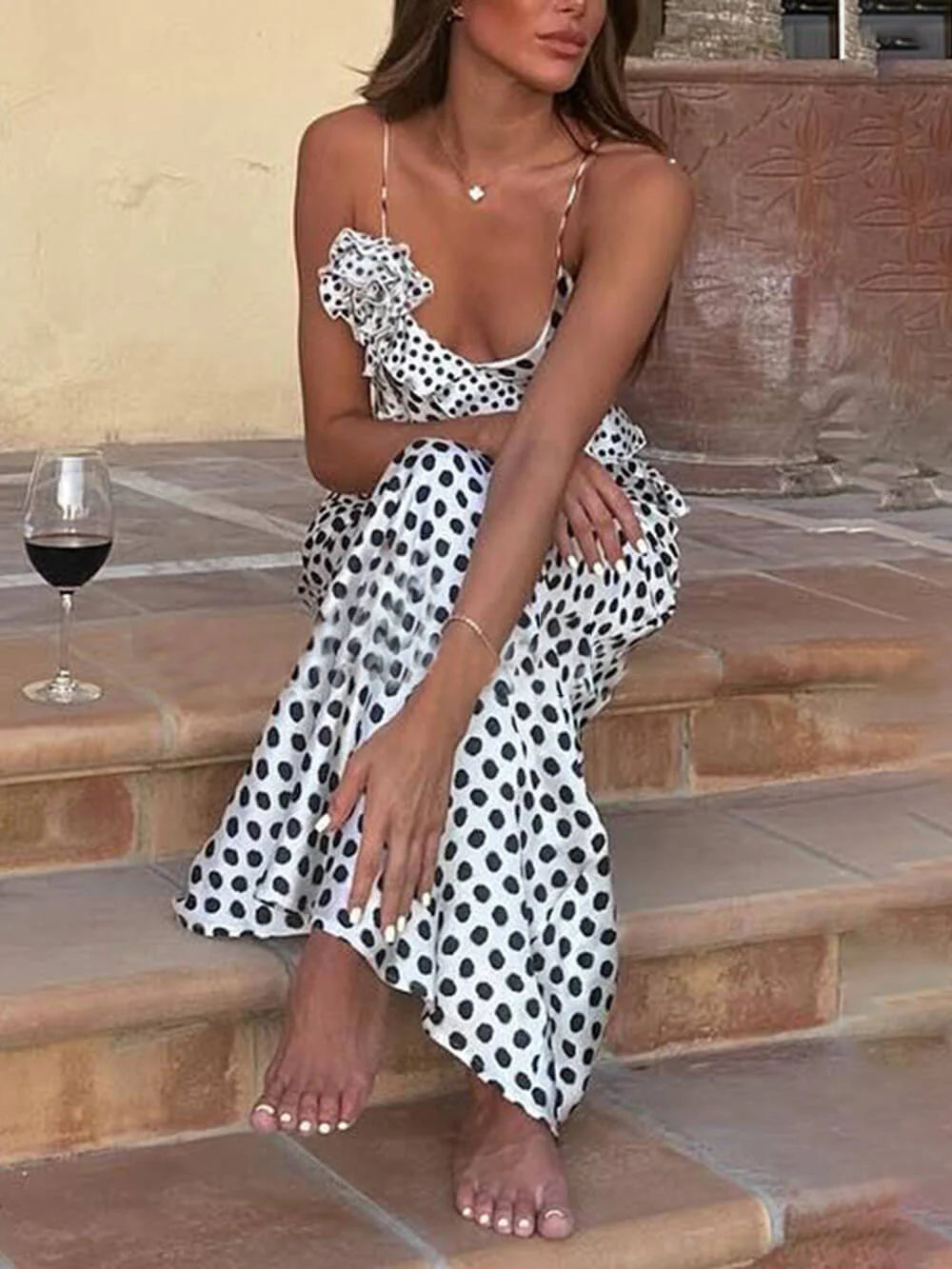 Polka Dot Print Fantasy Guipure Ruffled Suspender Maxi Dress - Image 2