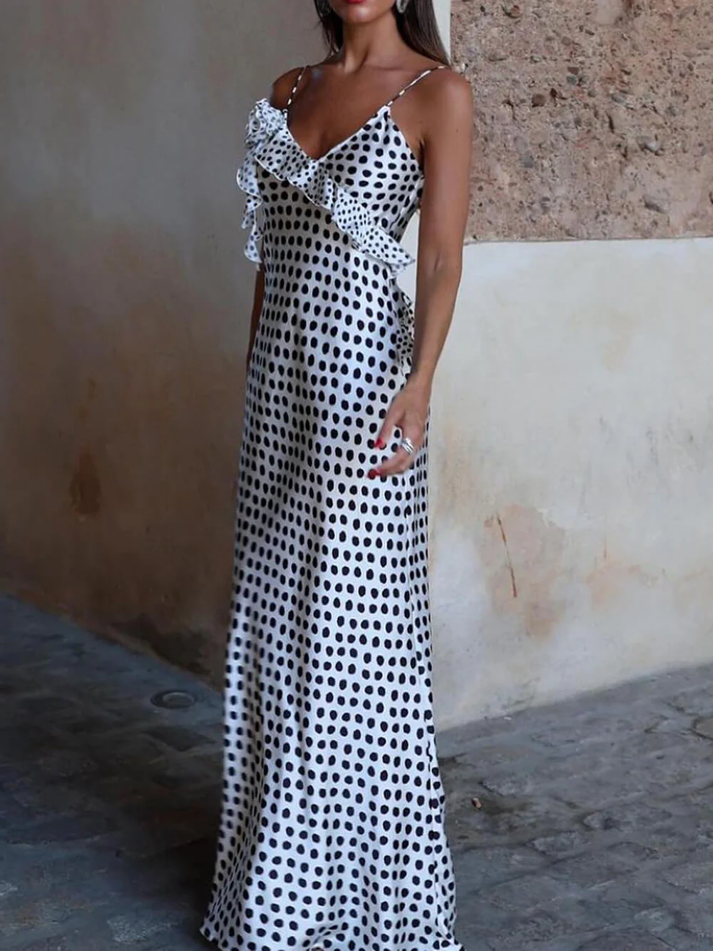 Polka Dot Print Fantasy Guipure Ruffled Suspender Maxi Dress - Image 3