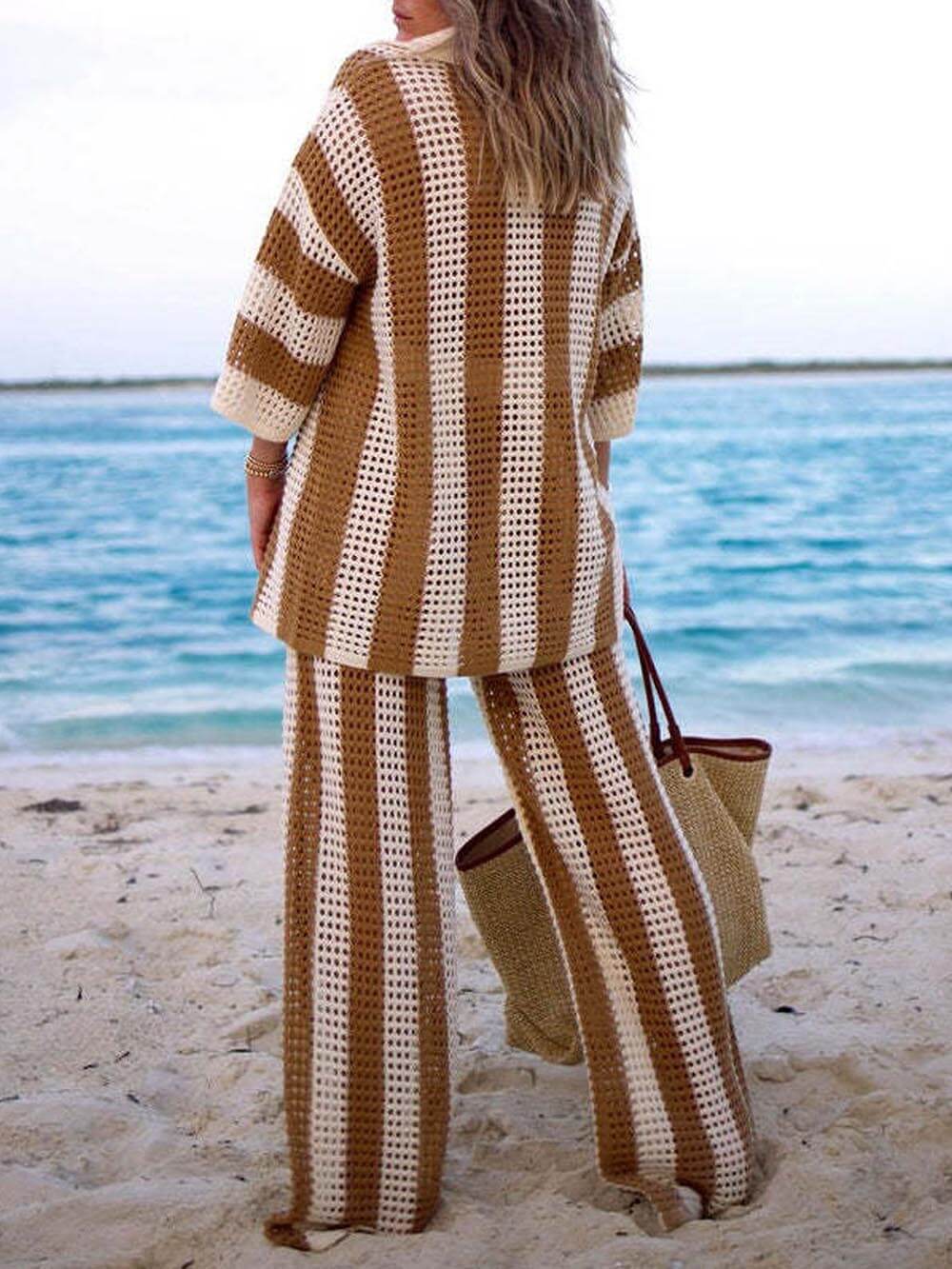Loose V-Neck Fashion Hollow Out Striped Shirt Wide Leg Pants Set - Image 4