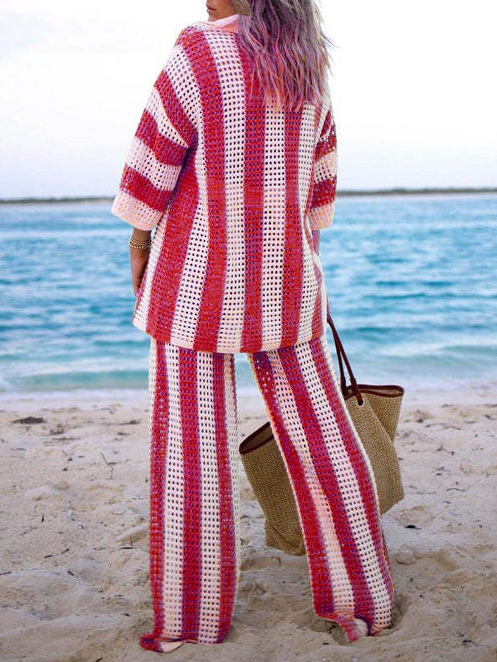 Loose V-Neck Fashion Hollow Out Striped Shirt Wide Leg Pants Set - Image 7