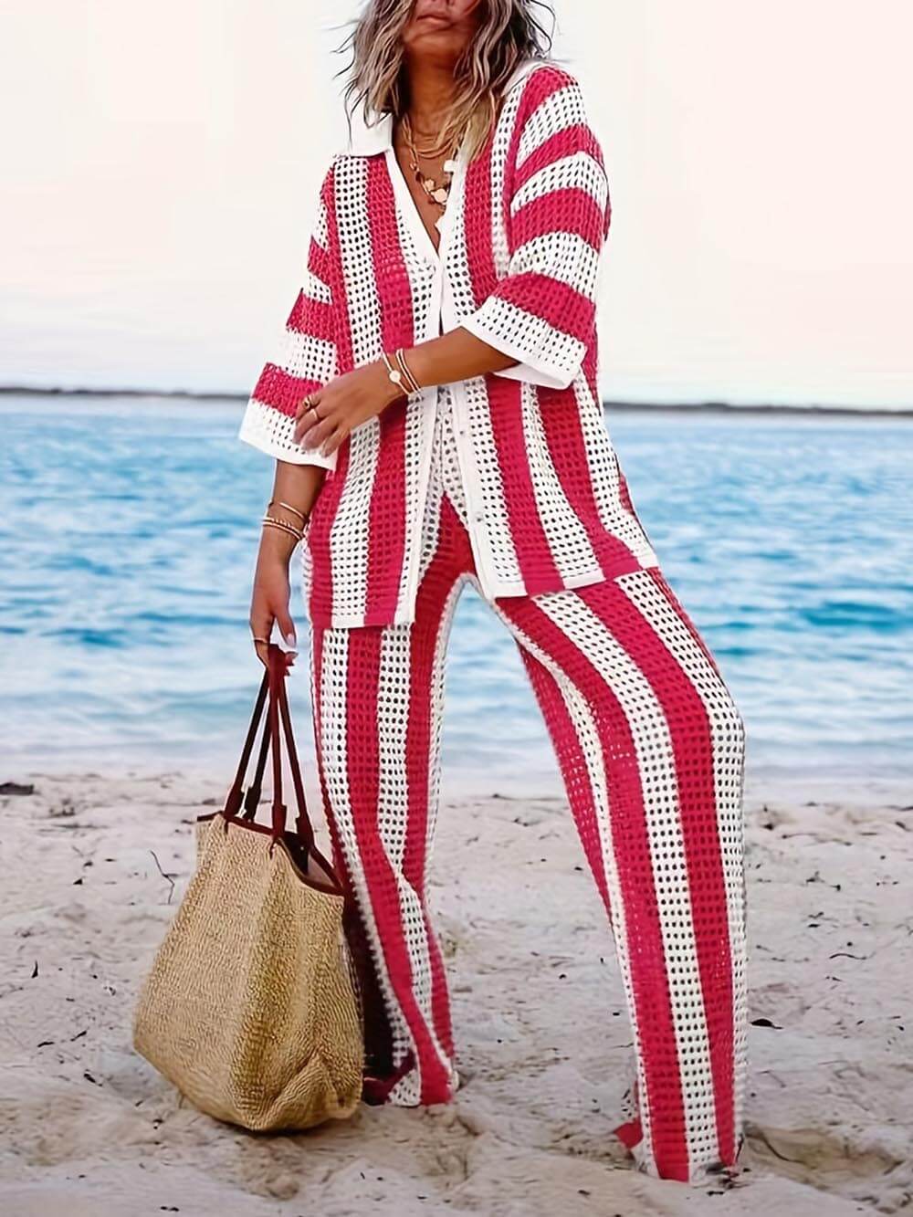 Loose V-Neck Fashion Hollow Out Striped Shirt Wide Leg Pants Set - Image 8