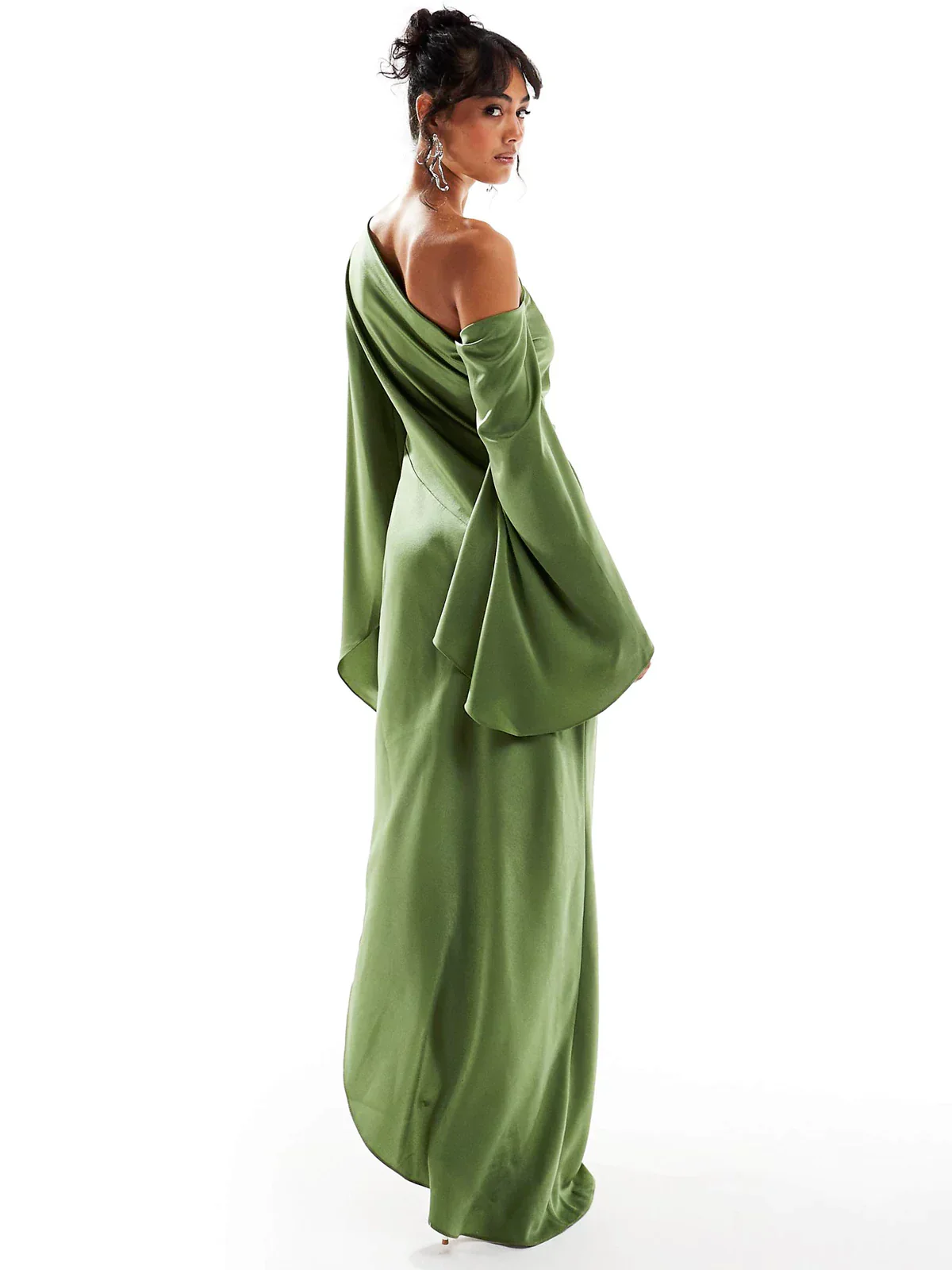 Green Asymmetrical Hem Satin Maxi Dress - Image 2