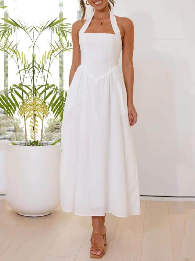 Waist Little Black Halter Neck Dress Mid Length Dress - Image 4
