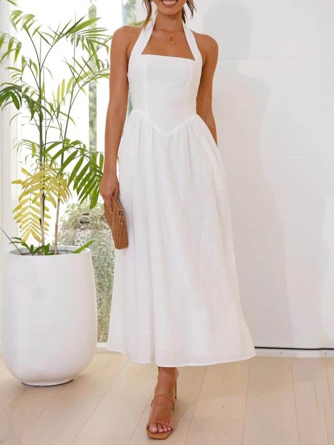 Waist Little Black Halter Neck Dress Mid Length Dress - Image 7
