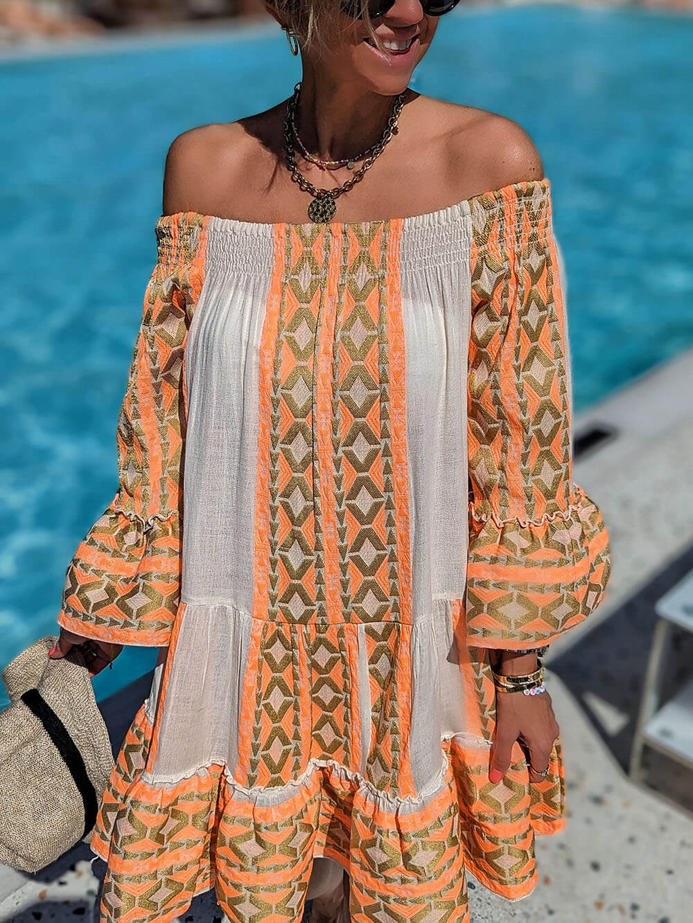 Ethnic Print Linen Blend Off Shoulder Loose Mini Dress - Image 3