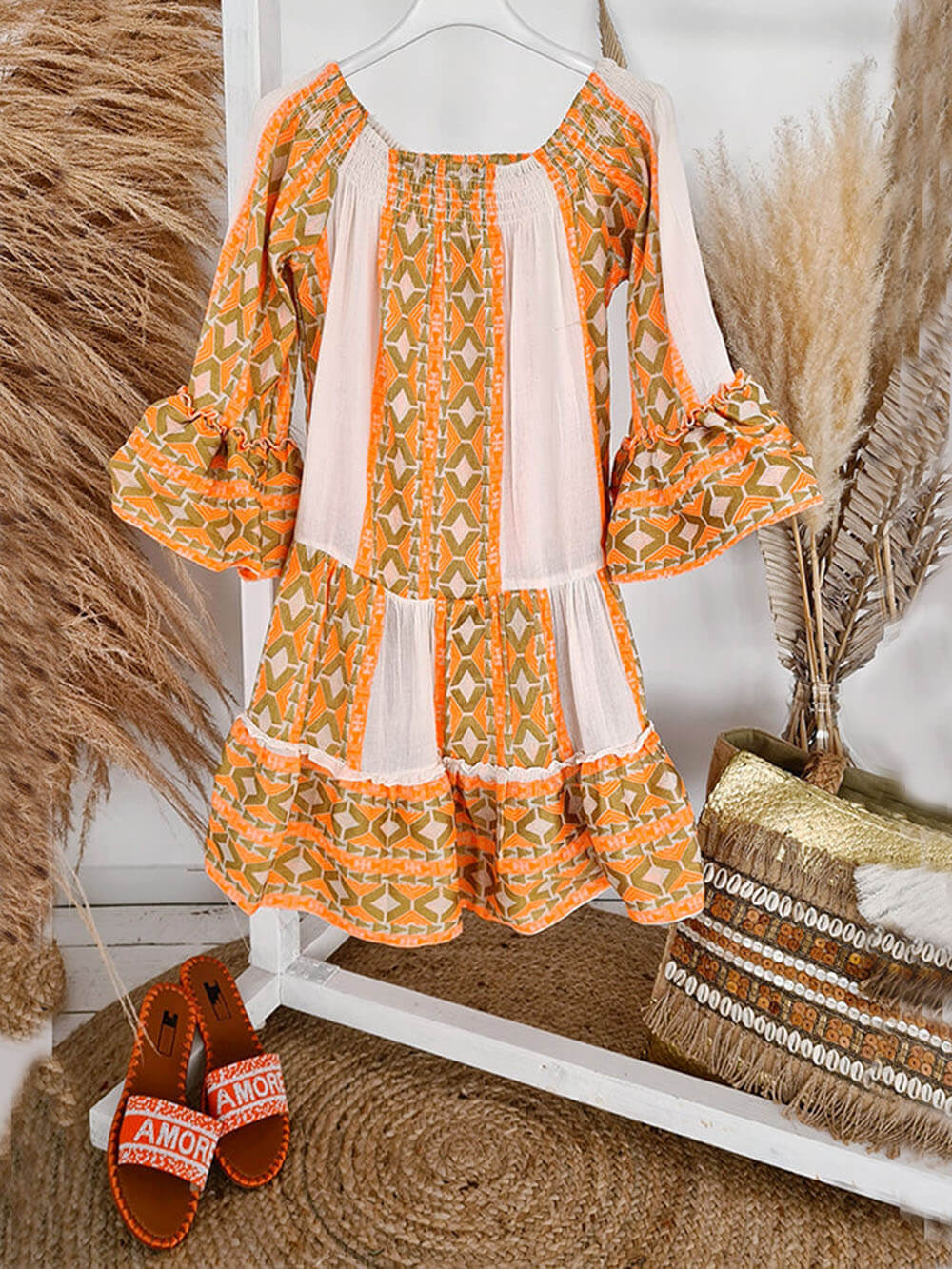 Ethnic Print Linen Blend Off Shoulder Loose Mini Dress - Image 5