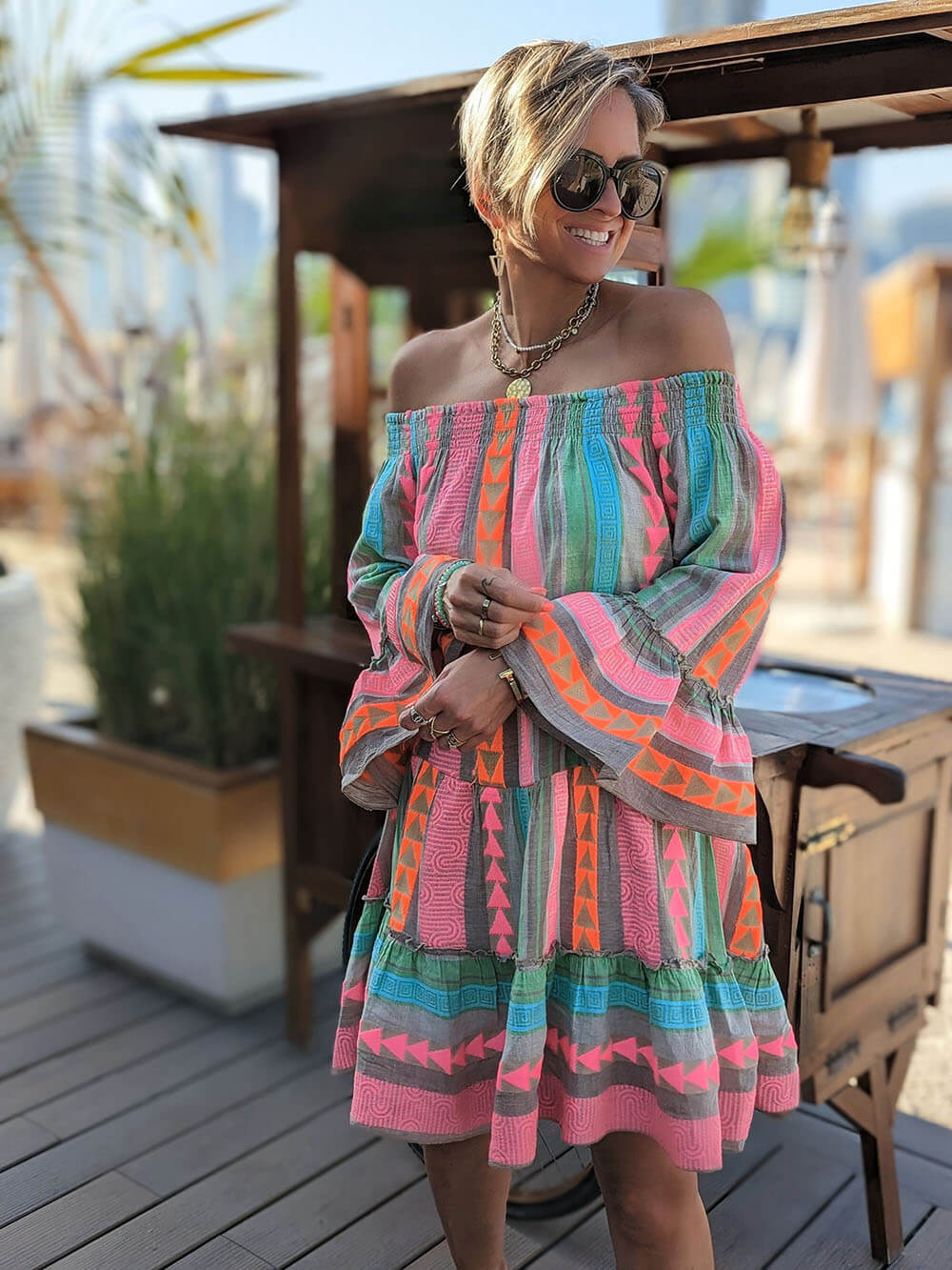 Ethnic Print Linen Blend Off Shoulder Loose Mini Dress - Image 7