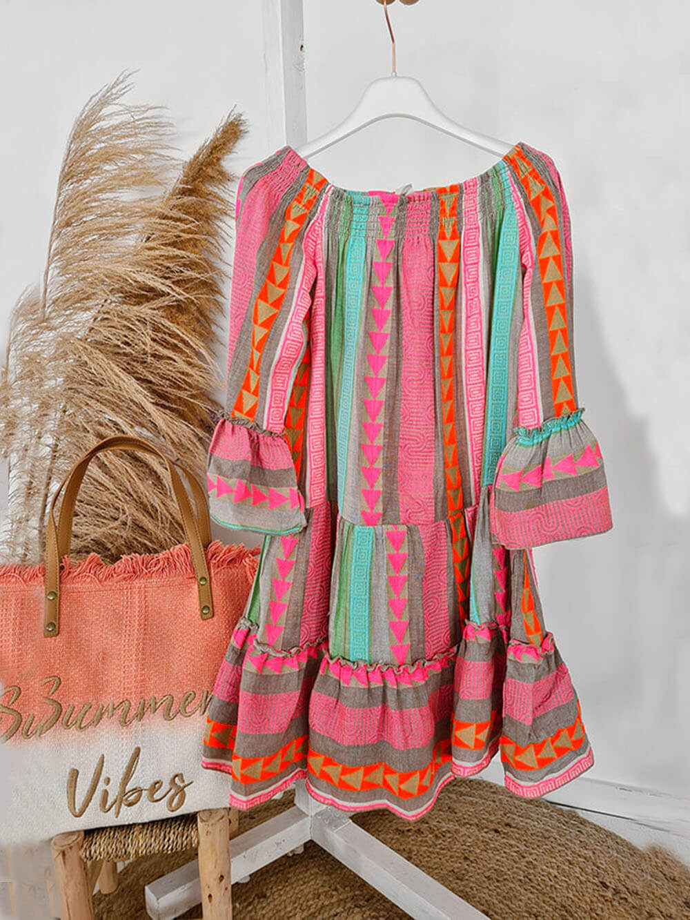 Ethnic Print Linen Blend Off Shoulder Loose Mini Dress - Image 9