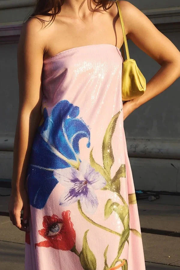Special Night Sequin Floral Print Off Shoulder A-line Maxi Dress - Image 4