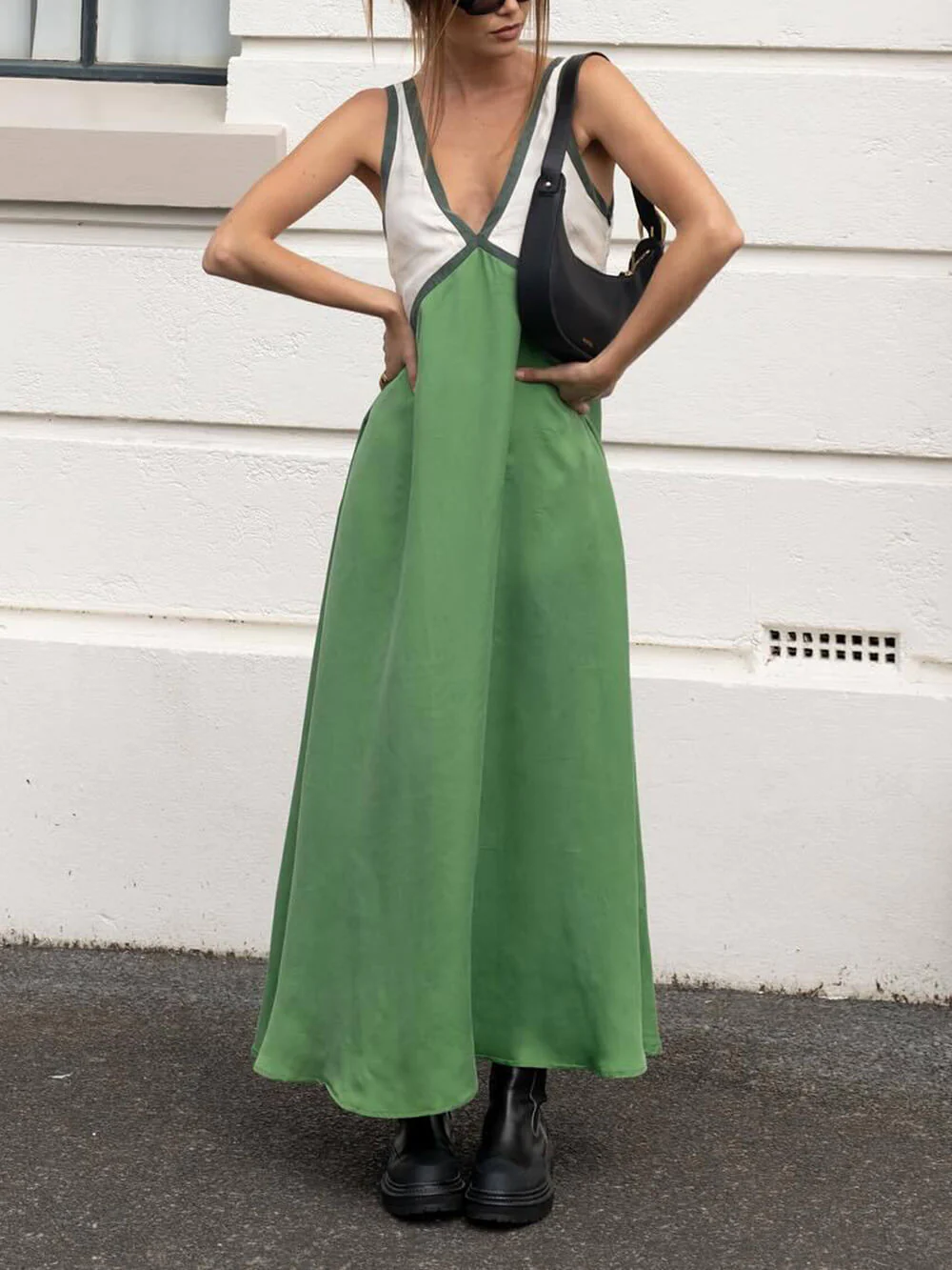 V-neck Contrasting Color Splicing Chic Dress - Image 5