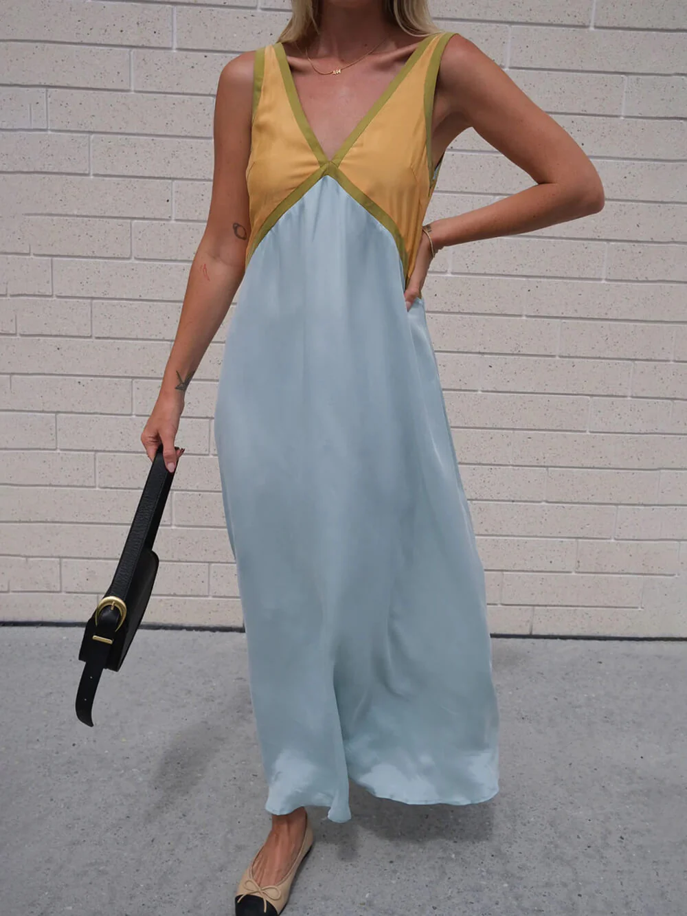 V-neck Contrasting Color Splicing Chic Dress - Image 6