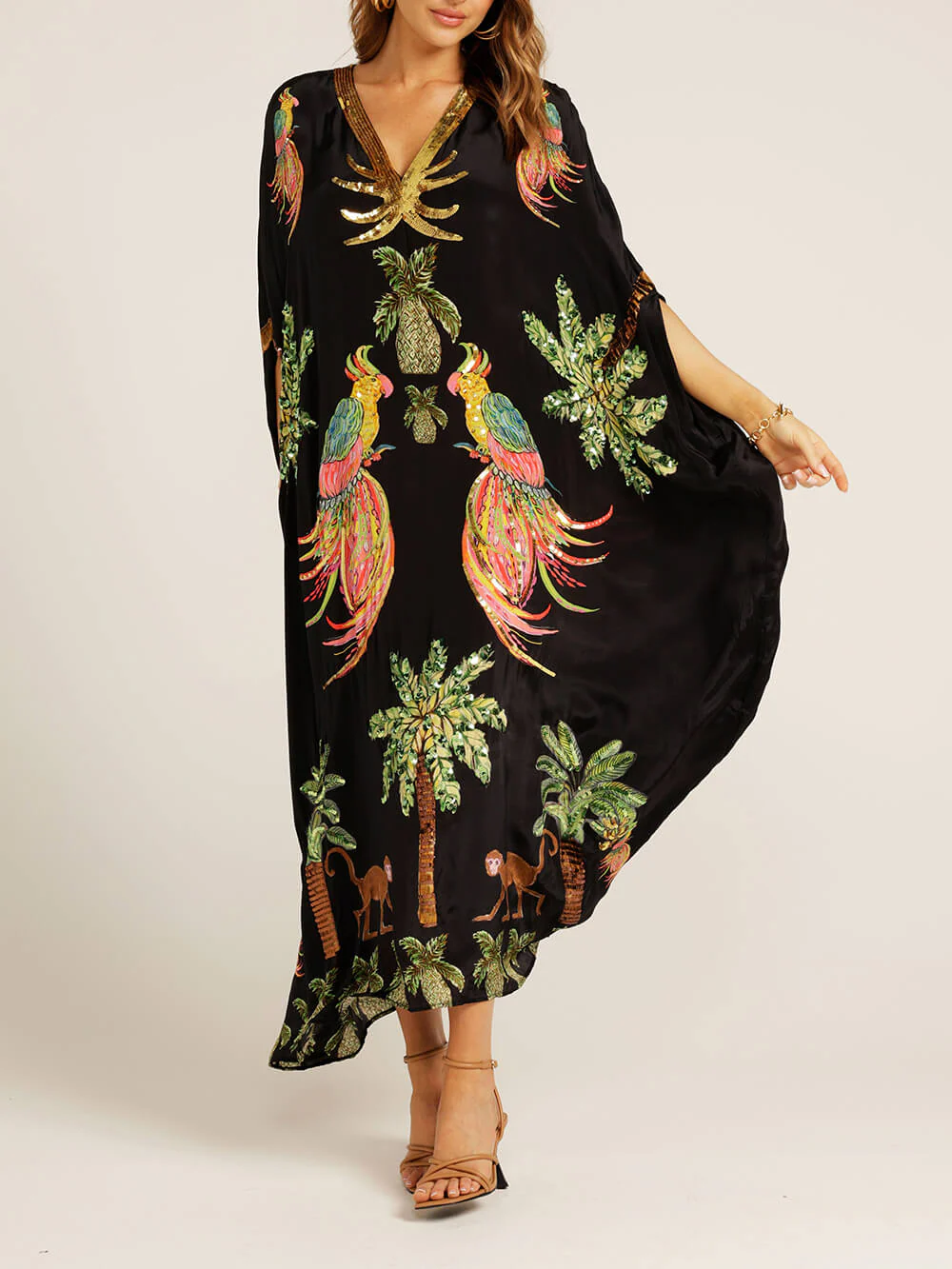 Unique Drop Shoulder Sleeve Coconut Tree Printed Dress - Image 2