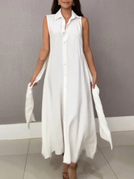 Unique Shirt Style Single-breasted Tie Midi Dress - Image 3