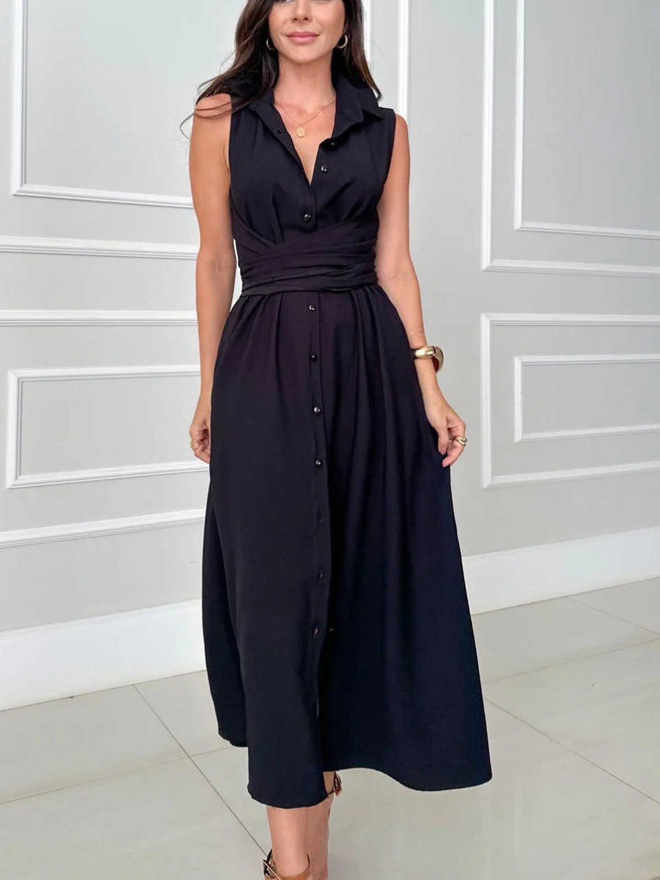Unique Shirt Style Single-breasted Tie Midi Dress - Image 9