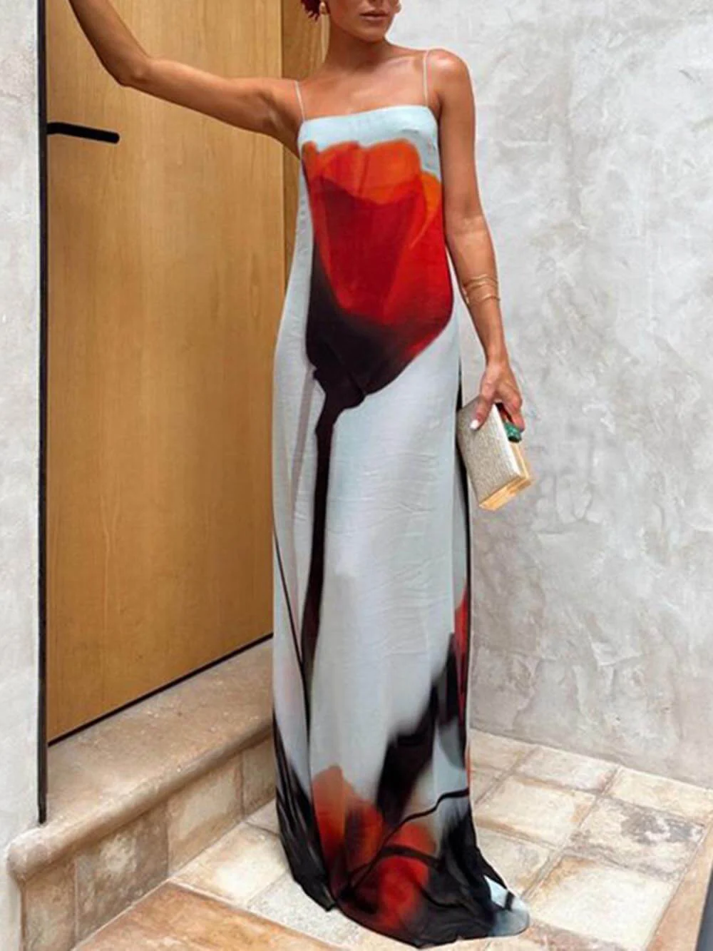Abstract Tulip Print Vacation Slip H-Line Maxi Dress - Image 2